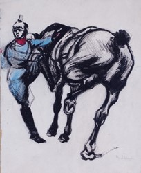 Max Feldbauer,Scholle,O bringe Grane oft Brünnhilde's Gruß,Gouache,19 x 34 cm,unsigniert,Entwurf zur Illustration in „Jugend: Münchner illustrierte Wochenschrift für Kunst und Leben“, 1897, Heft 32, S. 540/541,Gemeinsame Arbeit mit Walter Püttner,2. Preis im künstlerischen Wettbewerb X der „Jugend“, 1897