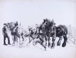 Max Feldbauer,Scholle,Vierergespann beim Einspannen,Pferd,Lithografie,signiert,datiert 1933