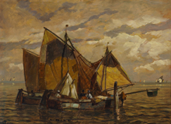 Ludwig Dill, Fischerboote auf der Adria, Öl/holz 