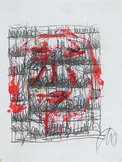 Markus Lüpertz,ohne Titel,Parsifal-Männer ohne Frauen,1993, Bleistift, rote Tusche, Unikat,Papier