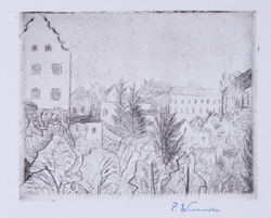 Paula Wimmer, Wimmer, Radierung, Papier, Dachau seitenverkehrt, dachau Altstadt, Dachau Schlossberg, signiert r.u., signiert, Paula Wimmer, Dachau, Künstlerin, Feldbauer, Feldbauer Schülerin, Berlin 20er Jahre