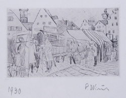 Paula Wimmer, Wimmer, Radierung, Papier, Dachau,Markt in  Dachau, Altstadt, Kirche Rathaus, signiert r.u., signiert, datiert 1930 Paula Wimmer, Dachau, Künstlerin, Feldbauer, Feldbauer Schülerin, Berlin 20er Jahre