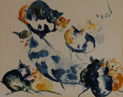 Paula Wimmer, Gouache/Papier,unsigniert,datiert,datiert 4.1.51, Paula Wimmer, Katzen,Katze,junge Katze, Katzenfamilie, Dachau, Künstlerin, Feldbauer Schülerin, Berlin